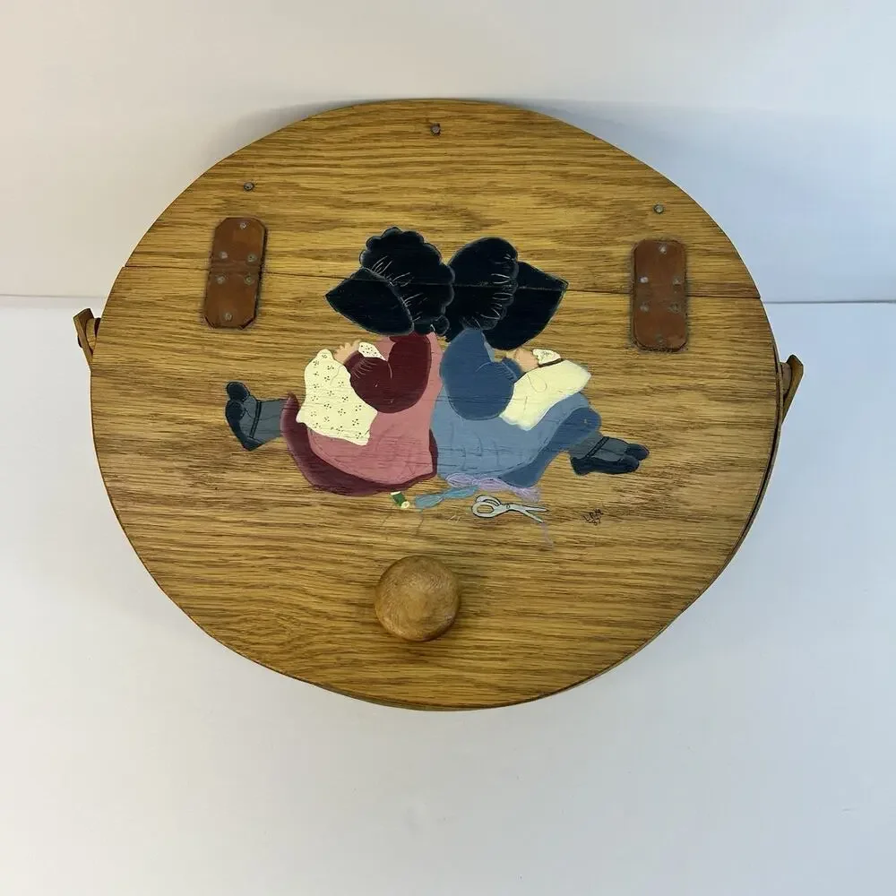 Vintage 1986 Longaberger Sewing Yarn Basket Leather Hinged Lid Painted - Picture 2 of 16